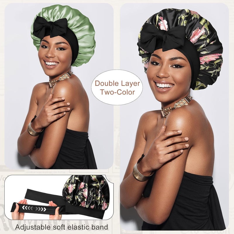 CHLINS Satin Bonnet Silk Bonnet for Sleeping Silk Sleep Cap Double Layer Hair Bonnet with Elastic Tie Band for Curly Hair Night Cap (Black flower+Green) - Image 2